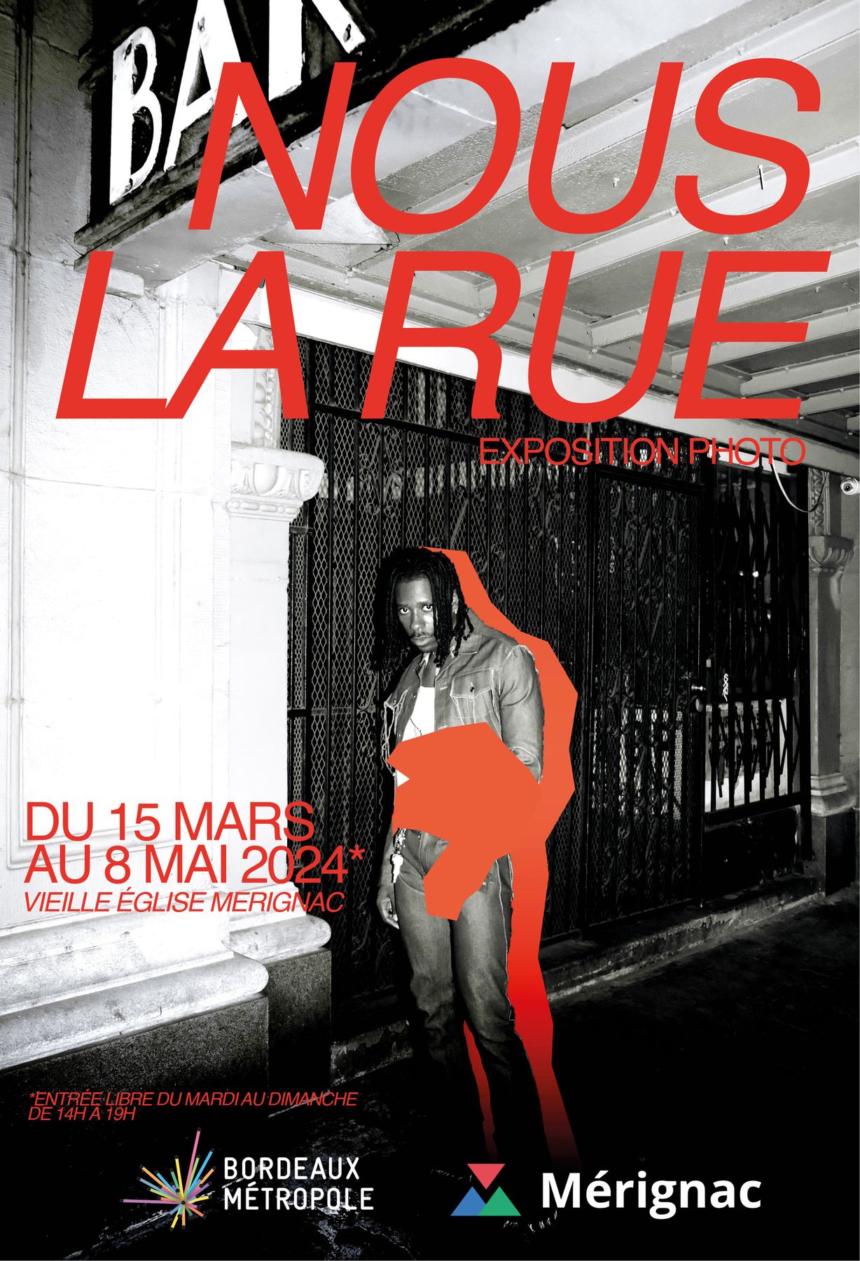 Affiche Nous la rue, portrait noir et blanc découpé de rouge