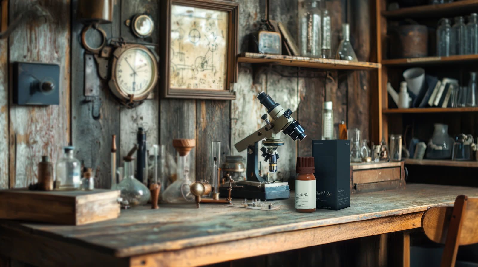 Flacon et boîte Elixir 47 sur une paillasse de laboratoire ancien