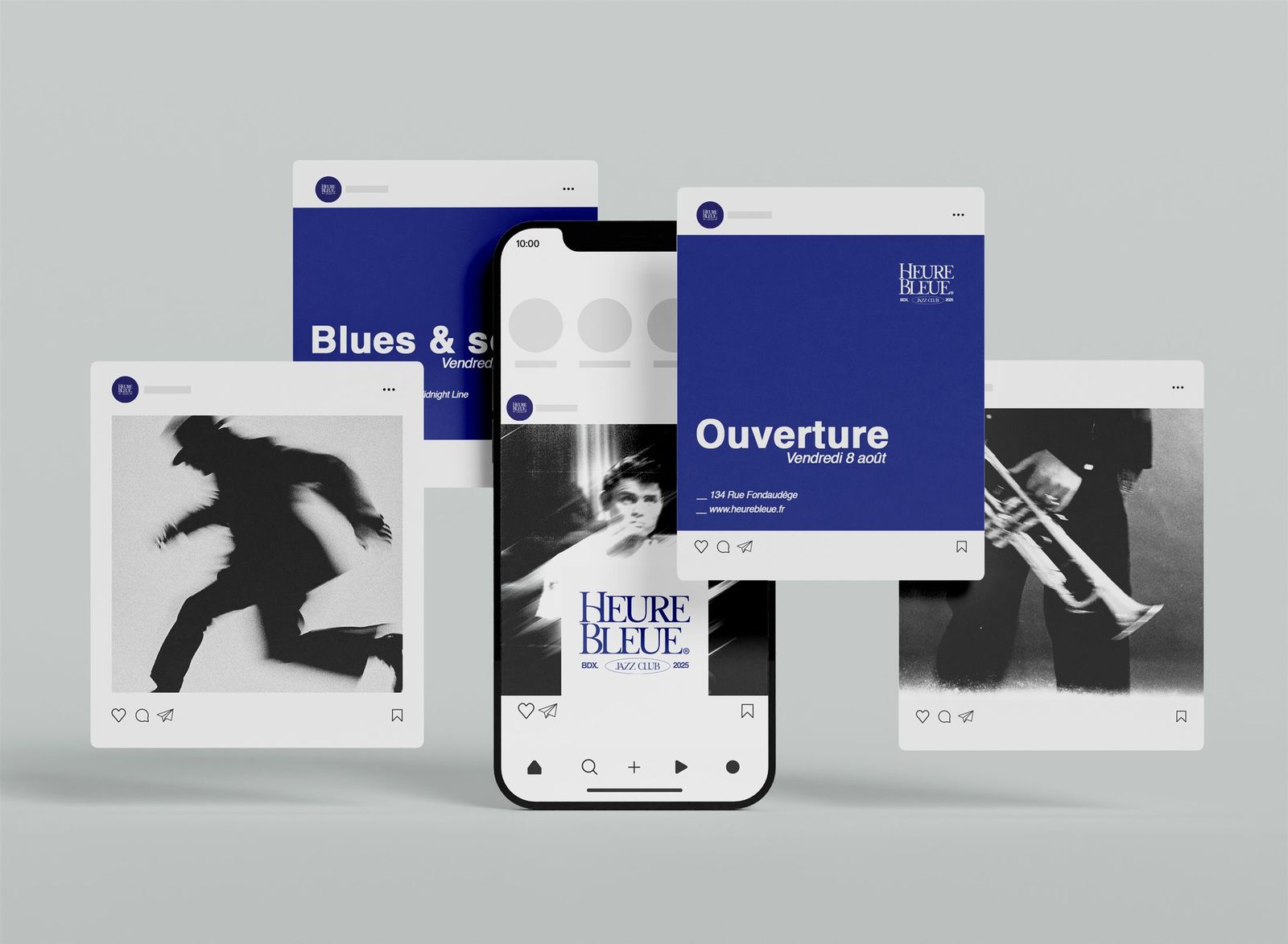 Déclinaison réseaux sociaux et motion design de l’identité Heure Bleue, club de jazz à Bordeaux