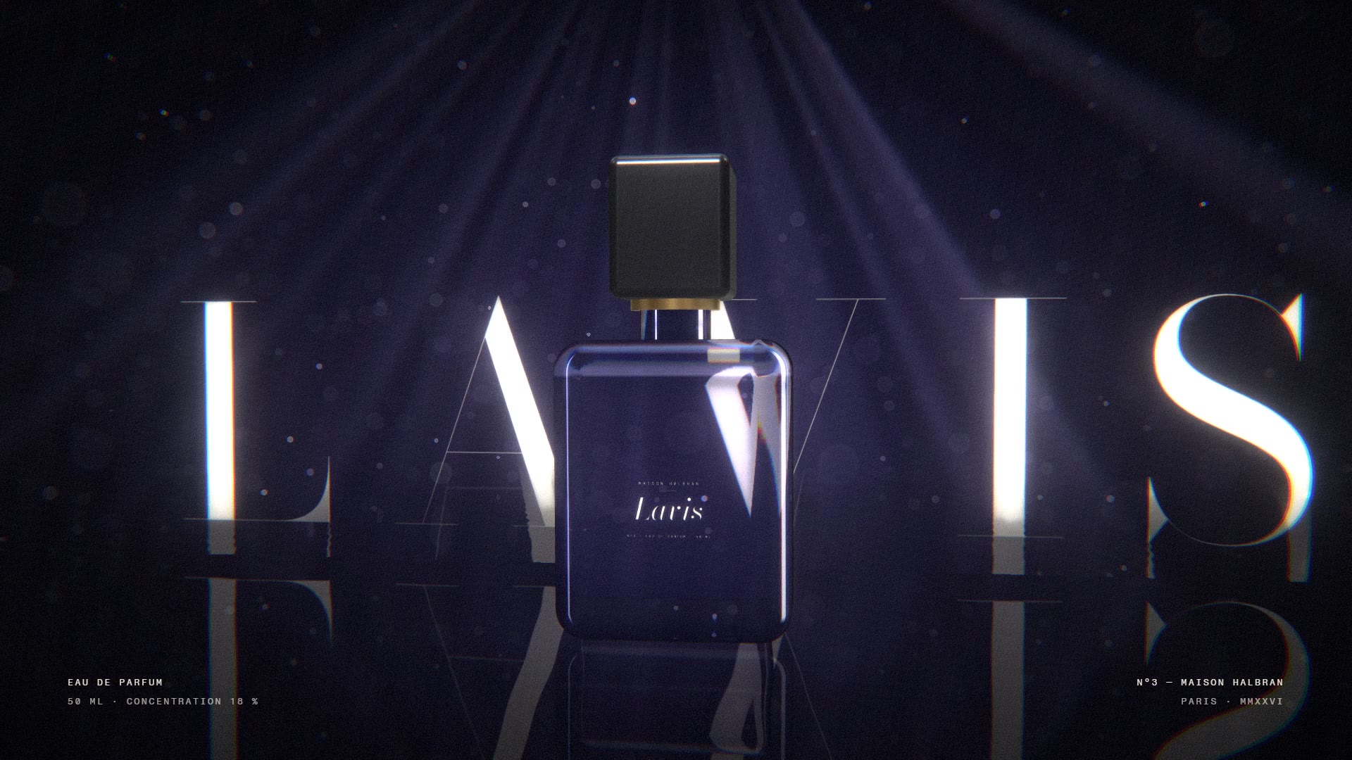 Packshot du flacon Lavis N°3 devant le nom LAVIS en lettres lumineuses, eau de parfum 50 ml, maison Halbran